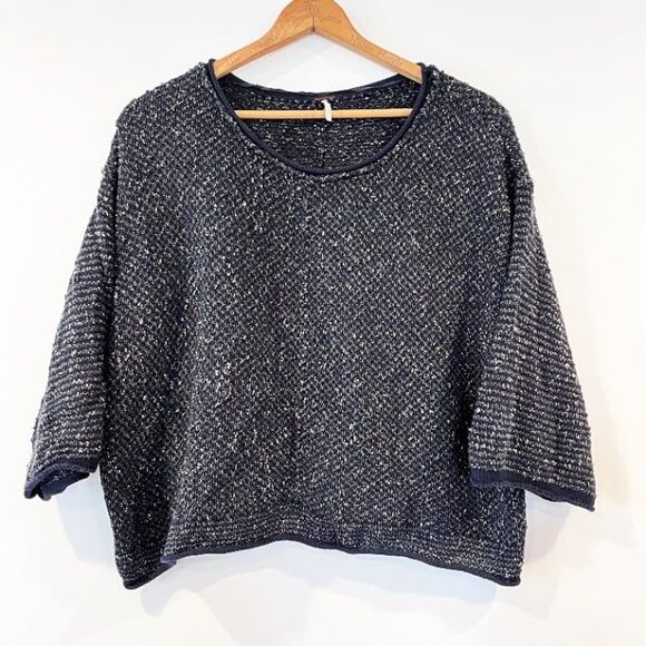 Free People Navy Blue Tweed Boucle Pullover Sweater Boxy Large Textured - Picture 1 of 8